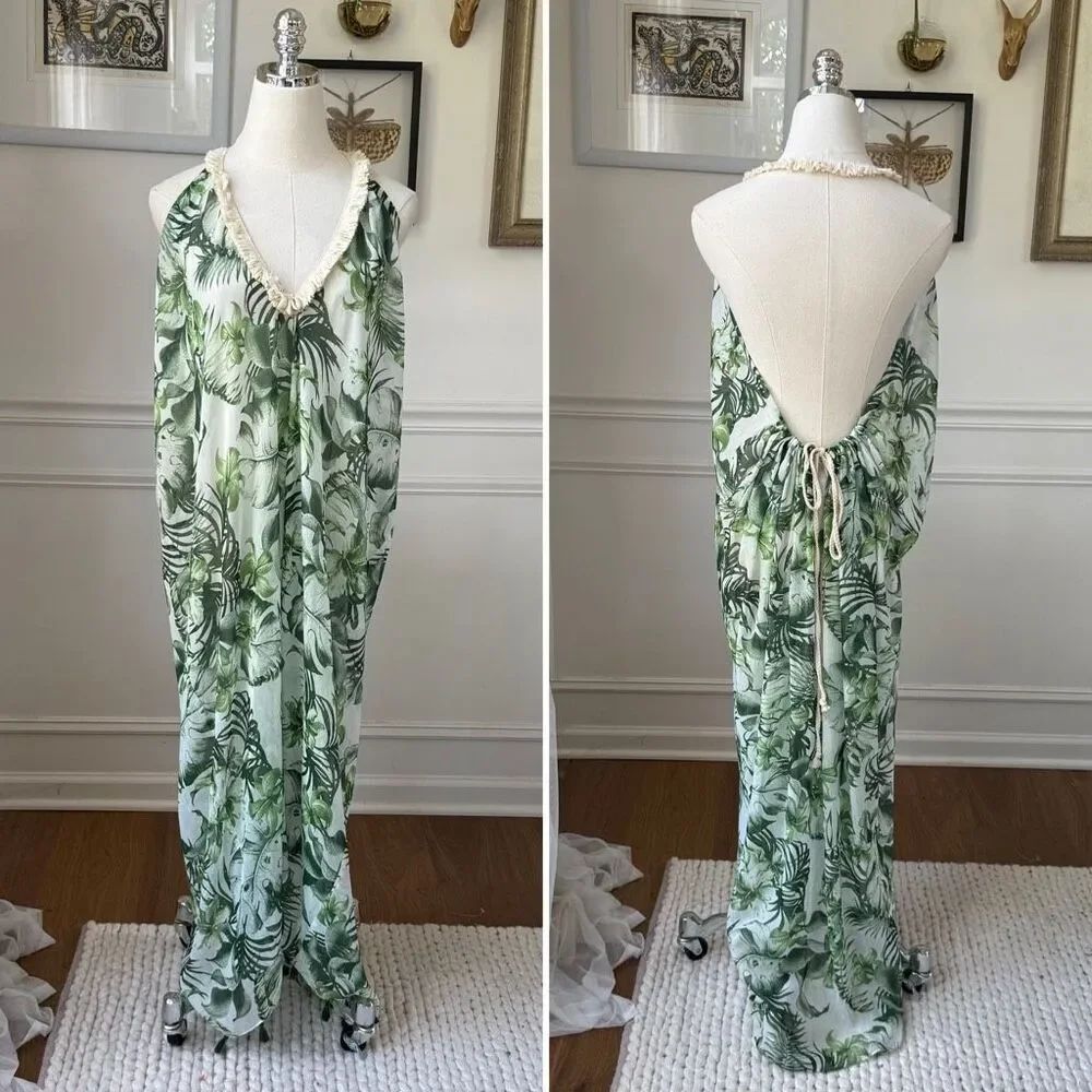 Subtle Luxury Pool To Party Green Frond Pool Swim Coverup Sundress $100 OSFM